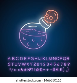 Death potion neon light icon. Alchemy and apothecary liquid bottle with skull. Magical elixir, poison. Occultism & witchcraft spell. Glowing sign with alphabet, numbers. Vector isolated illustration