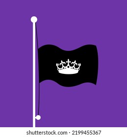 Tod von Königin oder König - schwarze Fahne mit Krone auf dem Fahnenposten als Symbol des toten Monarchen in der Monarchie. Vektorgrafik einzeln auf einfarbigem violettem Hintergrund.