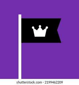 Death of queen or king - black flag with crown on flagpost as symbol of dead monarch in monarchy. Vector illustration isolated on plain purple background.