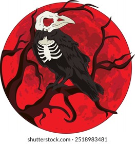 Death raven half skull sitting in branch red moon background