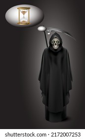 Death, reaper with a black robe and sickle measures the remaining time with an hourglass. 