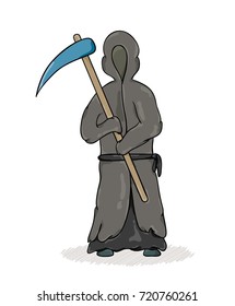 Death reaper with dark robe and hood and scythe. Cartoon illustration.