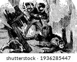 Death of the rebel captain, this scene shows a man fallen down on ground looks like he is dead and other men with guns and sword, vintage line drawing or engraving illustration