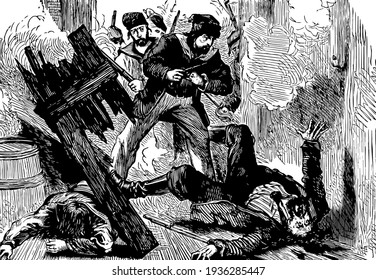 Death of the rebel captain, this scene shows a man fallen down on ground looks like he is dead and other men with guns and sword, vintage line drawing or engraving illustration
