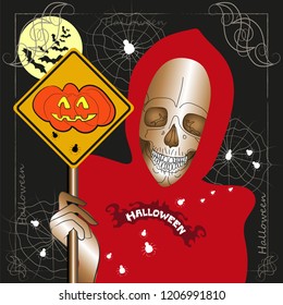 Death in a red cloak with a road sign of All Saints Day. In the background - the moon with bats and the web with spiders. Vector illustration