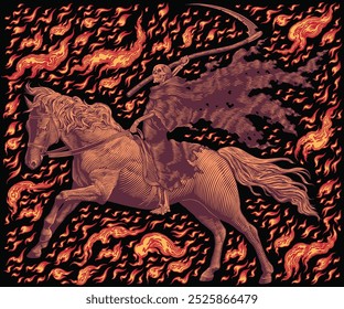 A morte anda a cavalo. Ilustração desenhada à mão editável. Gravura vetor vintage. Isolado no plano de fundo preto. 8 EPS