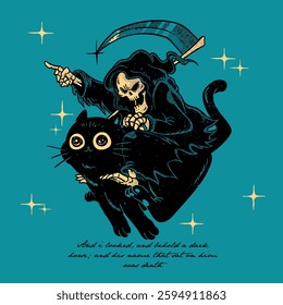 Death Riding a Black Cat Skull Funny Halloween Horror Vector Illustration for Tattoo Clothing or Poster