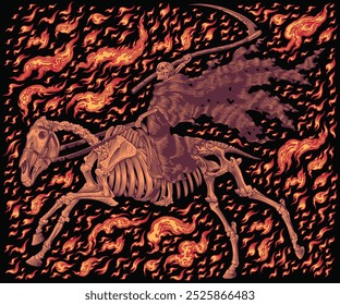 Death riding a skeleton horse. Editable hand drawn illustration. Vector vintage engraving. Isolated on black background. 8 EPS