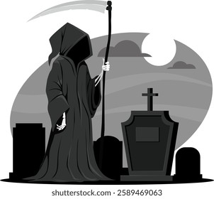 Death with scythe in black cloak stands near grave in cemetery. Stock vector illustration