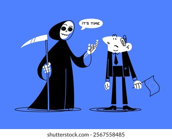 Death with a scythe calls the businessman to himself. Metaphor. The collapse of the European Union. Economic crisis. Political crisis. EU flag. Vector doodle illustration.