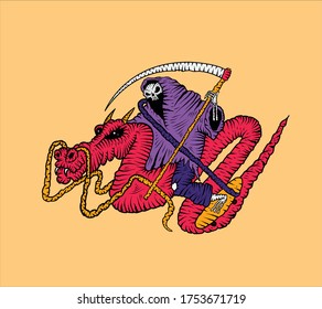 Death with a scythe. Chinese dragon. Skateboarding. Cartoon vector illustration