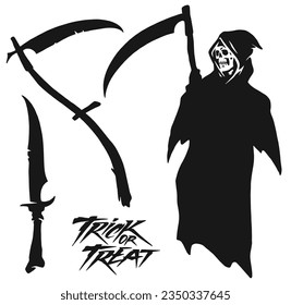 Death with scythe element monochrome with skeleton in hood and knife near inscription trick or treat for Halloween vector illustration