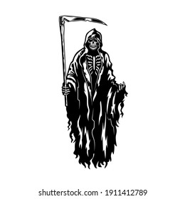 Death and scythe emblem design. Monochrome element with skeleton wearing black hooded gown vector illustration. Horror and myth concept for symbols and labels templates