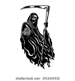 Death with scythe and flower emblem design. Monochrome element with skeleton wearing black hooded gown giving rose vector illustration. Horror and myth concept for symbols and labels templates