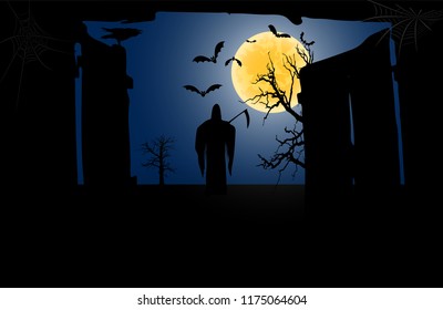 Death with a scythe in front of an open gate against a full moon background. Vector illustration