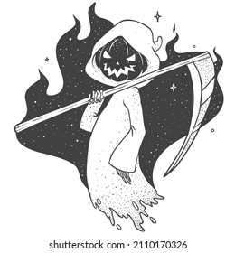 Death with a scythe, halloween, black and white drawing, against the background of the starry sky, magic fire, vector
