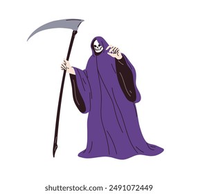 Muerte con guadaña. Disfraz de personaje muerto de Halloween. Persona disfrazada en la aterradora y espeluznante parca con la cara de la calavera para el carnaval de octubre. Ilustración vectorial plana aislada sobre fondo blanco