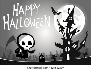 Death with a scythe and haunted house on night background. Vector  illustration. Black and white