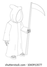 Death with a scythe and hood. Outline of death on a white background. Isolated pattern with death with a scythe, dressed in raincoat with a hood 3D. Impersonal vector illustration. Death is isometric
