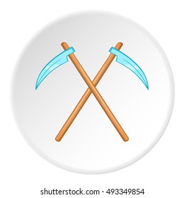 Death scythe icon in cartoon style isolated on white circle background. Scary symbol vector illustration