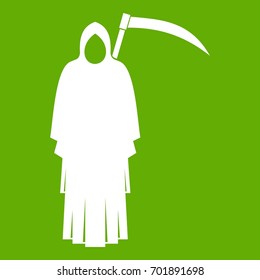 Death with scythe icon white isolated on green background. Vector illustration