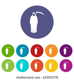 Death with scythe icons set in circle isolated flat vector illustration