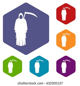 Death with scythe icons set hexagon isolated vector illustration