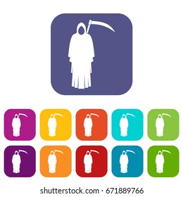 Death with scythe icons set vector illustration in flat style In colors red, blue, green and other