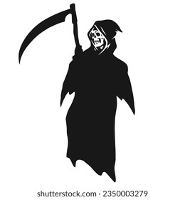 Death with scythe monochrome sticker with silhouette of flying skeleton in coat scaring people on Halloween vector illustration