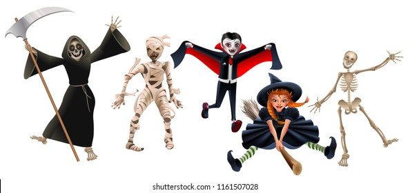 Death with scythe, mummy, dracula vampire, witch on broomstick and skeleton. Set characters Halloween Party. Isolated on white vector cartoon illustration