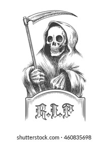 Death With A Scythe On The Cemetery Over A Tombstone. Illustration In Engraving Style.