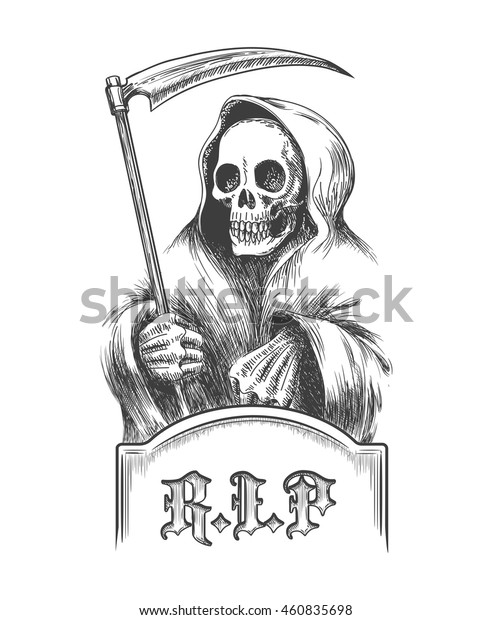 Death Scythe On Cemetery Over Tombstone Stock Vector (Royalty Free ...