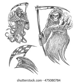 Death with scythe pencil sketch. Halloween vector icon. Gothic mortal character sketching for tattoo, decoration