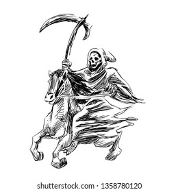 Death with a scythe rides a horse - Hand drawn engraving - Vector vintage illustration