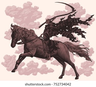 Death With A Scythe Rides A Horse. Hand Drawn Engraving. Vector Vintage Illustration. Isolated On Light Background. 8 EPS