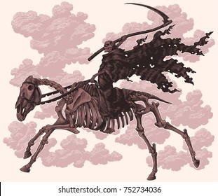 Death with a scythe rides on a horse's skeleton. Hand drawn engraving. Vector vintage illustration. Isolated on light background. 8 EPS