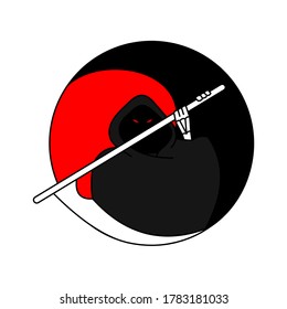 Death with a scythe and a scary look logo. Round logo.