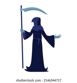 Death with scythe semi flat color vector character. Full body person on white. Fictional personage wearing black hooded cloak. Simple cartoon style illustration for web graphic design and animation