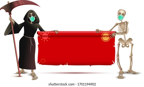 Death with scythe and skeleton in medical mask hold banner coronavirus epidemic. Isolated on white vector cartoon illustration