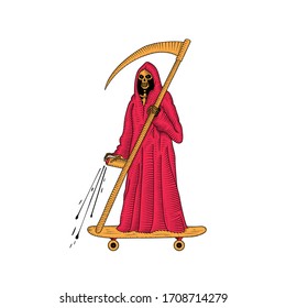 Death with a scythe. Vandalism and Skateboarding. Vector illustration on a white background