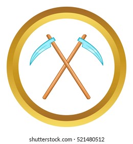 Death scythe vector icon in golden circle, cartoon style isolated on white background