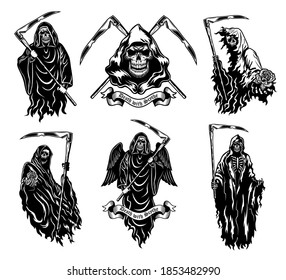 Death with scythe vector illustrations set. Skeleton in black hooded gown standing, walking, giving flower. Halloween or horror concept for badges, emblems or tattoos templates