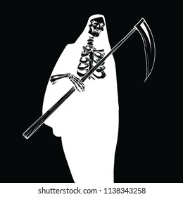 Death with a scythe, white silhouette on a black background