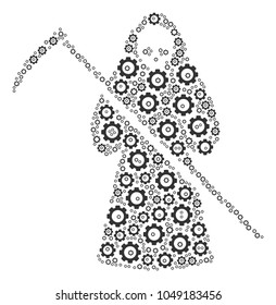 Death Scytheman composition of gears. Vector gear icons are organized into death scytheman figure.