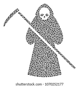 Death Scytheman composition of round dots in various sizes and color tinges. Dots are composed into death scytheman vector collage. Dotted vector illustration.