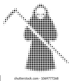 Death Scytheman halftone vector pictogram. Illustration style is dotted iconic Death Scytheman icon symbol on a white background. Halftone matrix is circle spots.