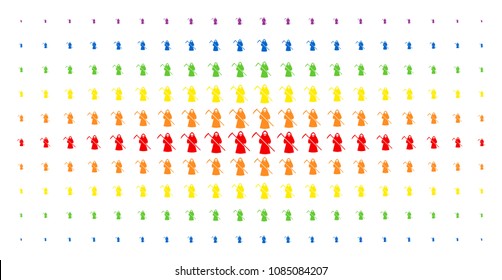 Death scytheman icon spectrum halftone pattern. Vector death scytheman symbols are arranged into halftone array with vertical spectrum gradient. Constructed for backgrounds, covers,