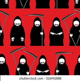 Death seamless pattern. Grim Reaper red background. Texture for Halloween
