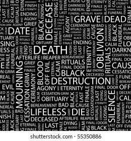 DEATH. Seamless vector background. Illustration with different association terms.