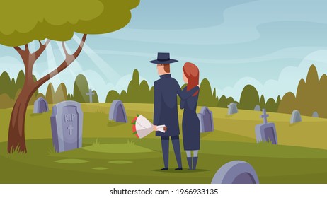 Servicios de muerte. Ceremonia ritual después de la muerte de personas llorando arrancar la selección del ataúd cementerio vectorial exacto fondo de caricatura